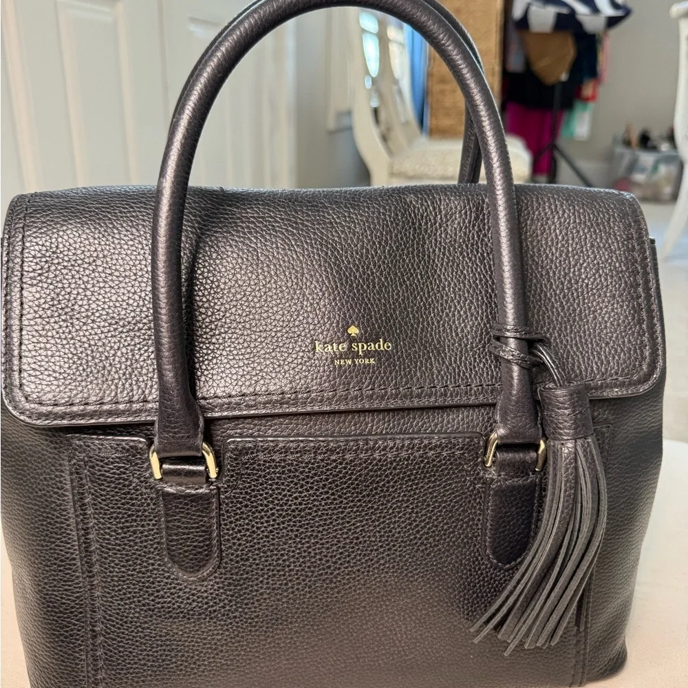 Kate Spade Black Pebbled Leather Satchel Tassel Top Handle Purse